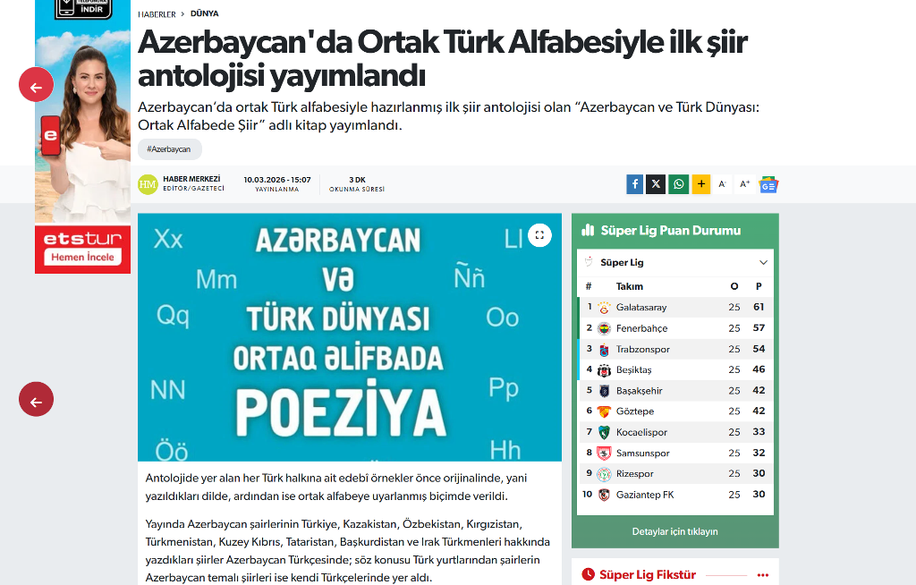 Ortaq türk əlifbasında ilk poeziya antologiyası qardaş Türki...